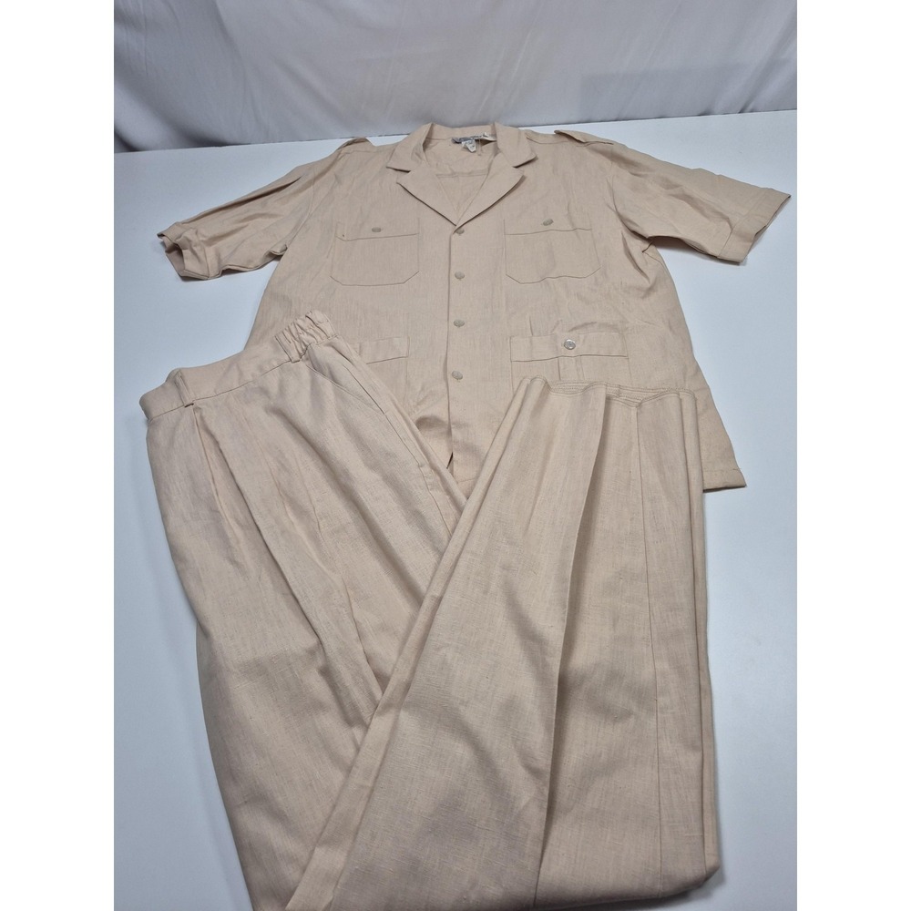 Smokey Joe's Safari Shirt Pants Set Men's 2XL Beige Short Sleeve Linen Blend USA